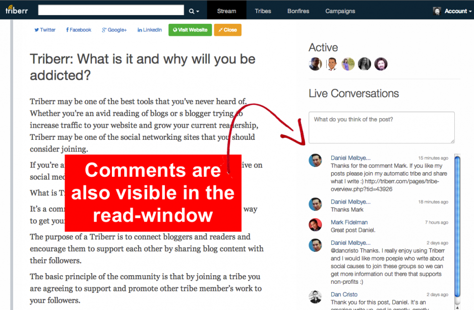 triberr comments in read-window